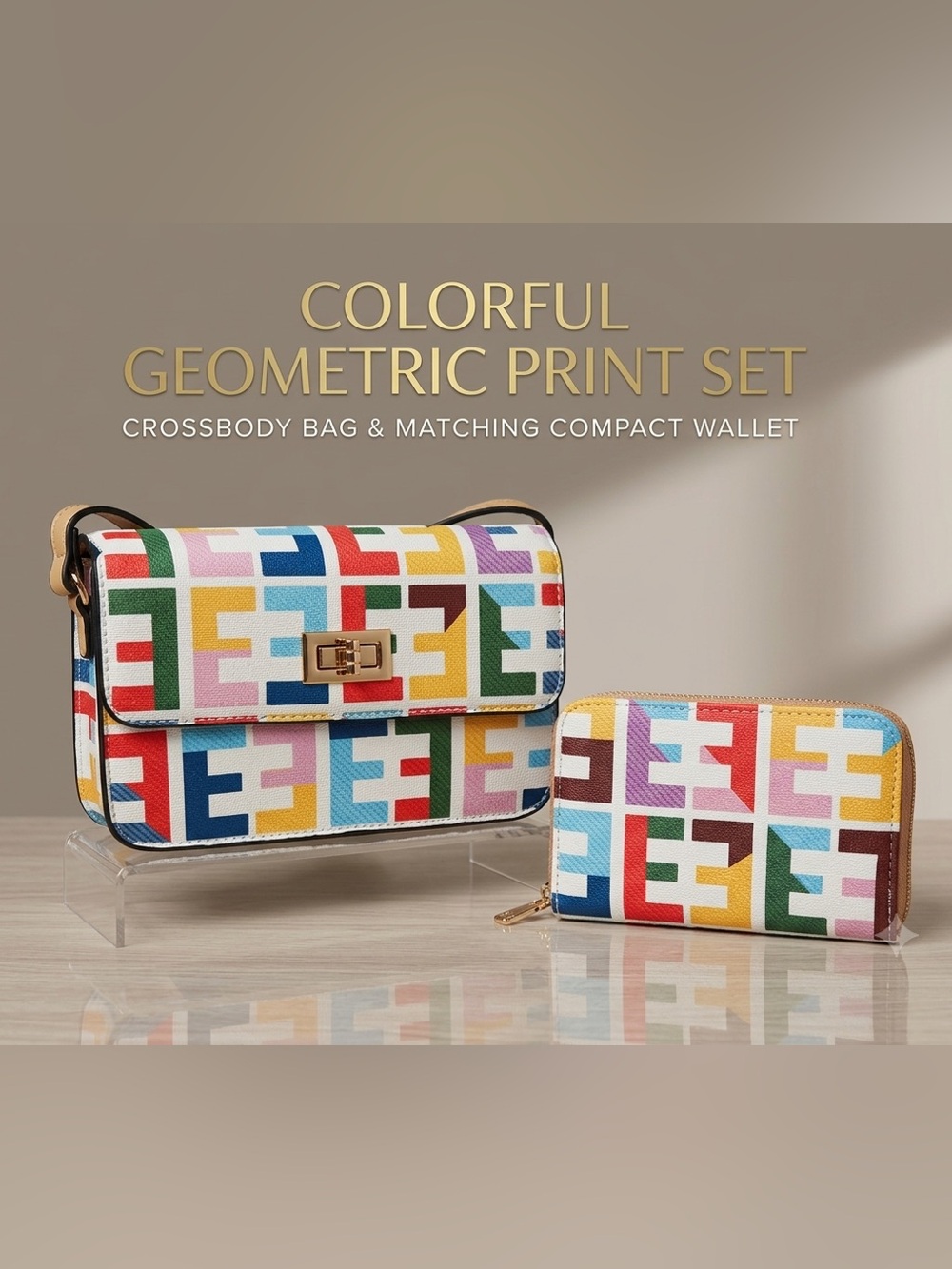 Colorful Geometric Print Crossbody Bag with Matching Wallet (NEW)
